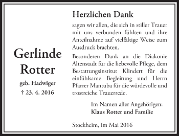 Traueranzeige von Gerlinde Rotter von  Kreisanzeiger