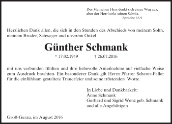 Traueranzeige von Günther Schmank von Trauerportal Echo Online