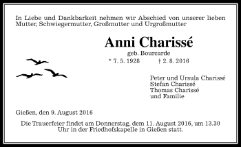 Traueranzeige von Anni Chariss von  Gießener Anzeiger