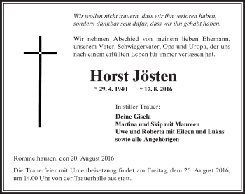 Traueranzeige von Horst Jösten von  Kreisanzeiger
