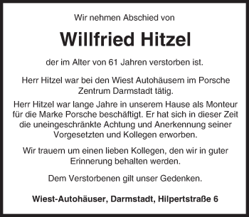Traueranzeige von Willfried Hitzel von Trauerportal Echo Online