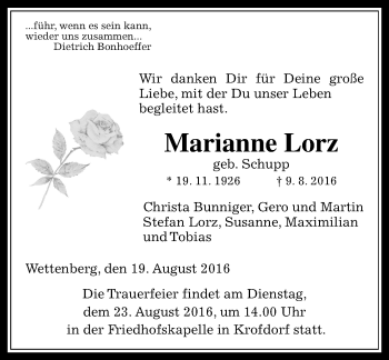 Traueranzeige von Marianne Lorz von  Gießener Anzeiger