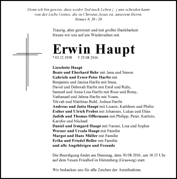 Traueranzeige von Erwin Haupt von  Gießener Anzeiger