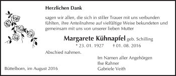Traueranzeige von Margarete Kühnapfel von Trauerportal Echo Online