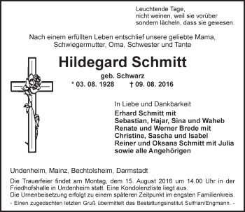 Traueranzeige von Hildegard Schmitt von Trauerportal Rhein Main Presse