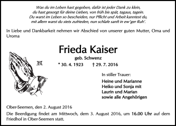 Traueranzeige von Frieda Kaiser von  Kreisanzeiger