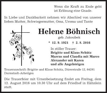Traueranzeige von Helene Böhnisch von Trauerportal Echo Online