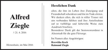 Traueranzeige von Alfred Ziegle von  Kreisanzeiger