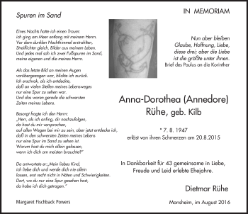 Traueranzeige von Anna-Dorothea Rühe von Trauerportal Rhein Main Presse