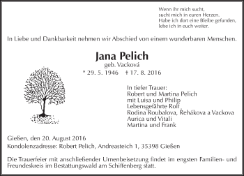 Traueranzeige von Jana Pelich von  Gießener Anzeiger