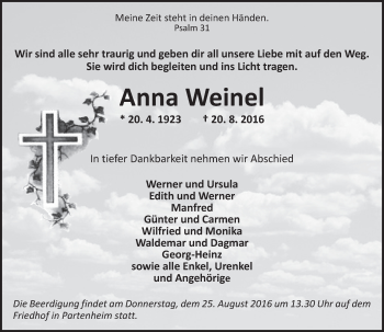 Traueranzeige von Anna Weinel von Trauerportal Rhein Main Presse