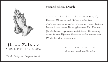 Traueranzeige von Hans Zeltner von Trauerportal Echo Online