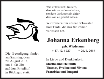 Traueranzeige von Johanna Erkenberg von  Kreisanzeiger