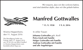 Traueranzeige von Manfred Gottwalles von Trauerportal Rhein Main Presse