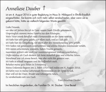 Traueranzeige von Anneliese Dauber von Trauerportal Rhein Main Presse