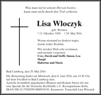 Traueranzeige von Lisa Wloczyk von  Camberger Anzeiger