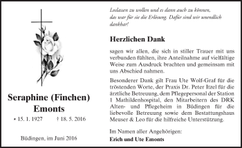 Traueranzeige von Seraphine Finchen von  Kreisanzeiger