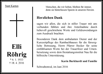 Traueranzeige von Elli Röhrig von VRM Trauer