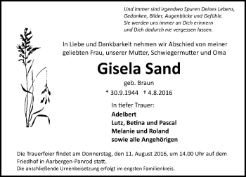Traueranzeige von Gisela Sand von Trauerportal Rhein Main Presse
