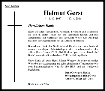 Traueranzeige von Helmut Gerst von VRM Trauer