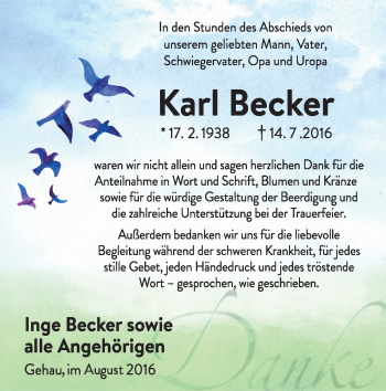 Traueranzeige von Karl Becker von VRM Trauer
