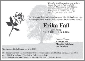 Traueranzeige von Erika Faß von  Gelnhäuser Tageblatt