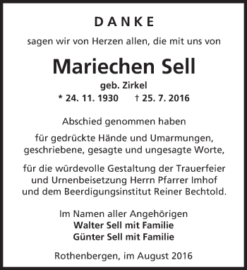 Traueranzeige von Mariechen Sell von  GT am Sonntag