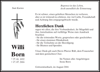 Traueranzeige von Willi Born von  Usinger Anzeiger
