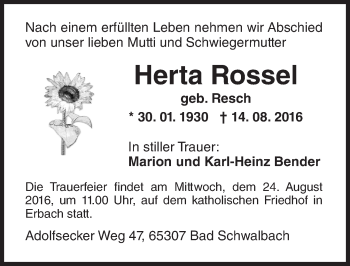 Traueranzeige von Herta Rossel von Trauerportal Rhein Main Presse