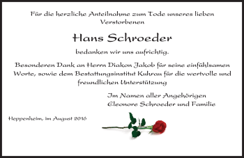 Traueranzeige von Hans Schroeder von Trauerportal Echo Online