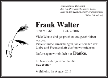 Traueranzeige von Frank Walter von  Kreisanzeiger