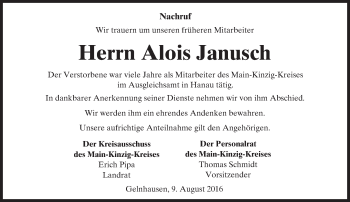 Traueranzeige von Alois Janusch von  Kreisanzeiger