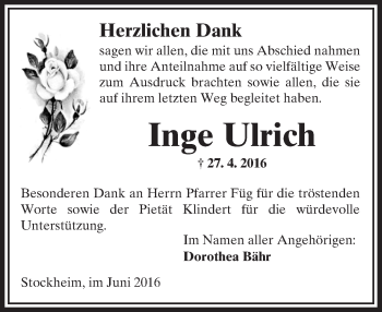 Traueranzeige von Inge Ulrich von  Kreisanzeiger
