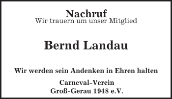 Traueranzeige von Bernd Landau von Darmstädter Echo