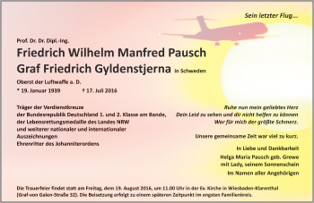 Traueranzeige von Friedrich Wilhelm Manfred Pausch von Trauerportal Echo Online
