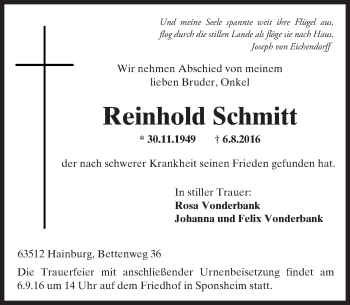 Traueranzeige von Reinhold Schmitt von Trauerportal Rhein Main Presse