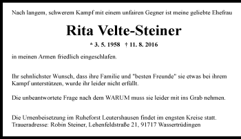 Traueranzeige von Rita Velte-Steiner von  Usinger Anzeiger
