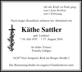 Traueranzeige von Käthe Sattler von  Usinger Anzeiger