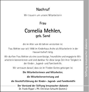 Traueranzeige von Cornelia Mehlen von Trauerportal Rhein Main Presse