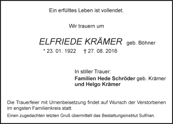 Traueranzeige von Elfriede Krämer von Trauerportal Rhein Main Presse
