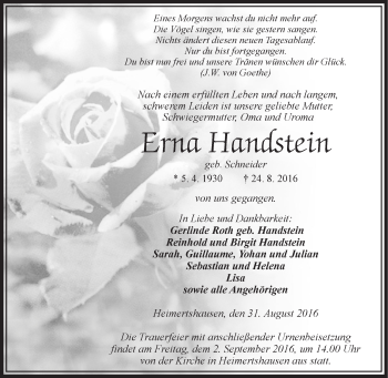 Traueranzeige von Erna Handstein von VRM Trauer