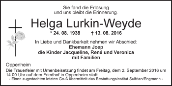 Traueranzeige von Helga Lurkin-Weyde von Trauerportal Rhein Main Presse