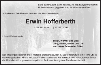 Traueranzeige von Erwin Hofferberth von Trauerportal Echo Online