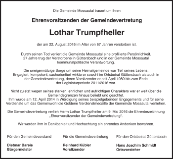Traueranzeige von Lothar Trumpfheller von Trauerportal Echo Online