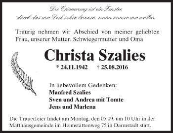 Traueranzeige von Christa Szalies von Trauerportal Rhein Main Presse