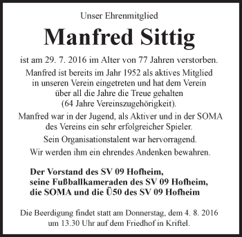Traueranzeige von Manfred Sittig von Trauerportal Rhein Main Presse