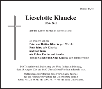Traueranzeige von Lieselotte Klaucke von Trauerportal Rhein Main Presse