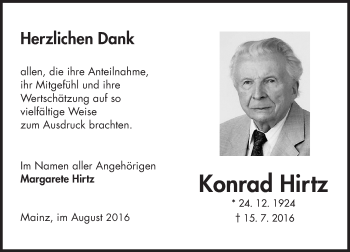 Traueranzeige von Konrad Hirtz von Trauerportal Rhein Main Presse