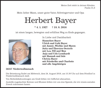 Traueranzeige von Herbert Bayer von Trauerportal Rhein Main Presse