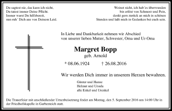 Traueranzeige von Margret Bopp von  Gießener Anzeiger
